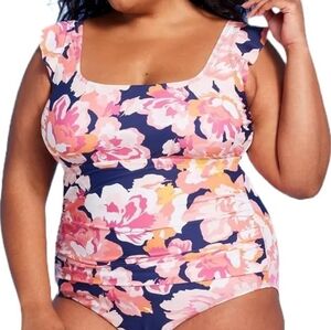Kona Sol Women's Full Coverage Floral Ruffle Sleeve One Piece Swimsuit Size 22